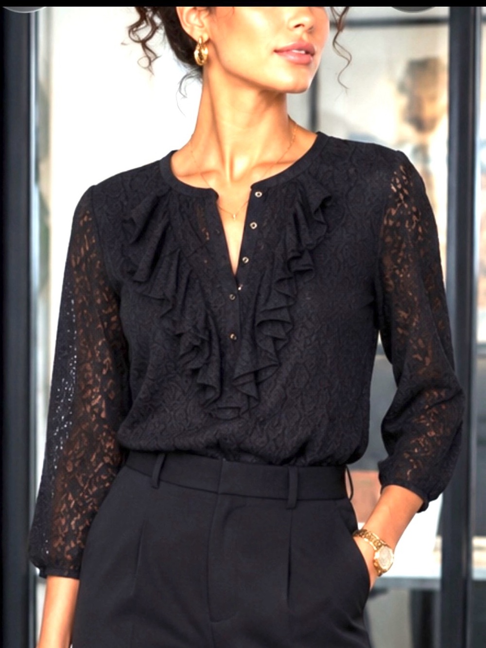 Lauren Ralph Lauren Size XL Elegant Black Lace Top Stretchy and comfortable
